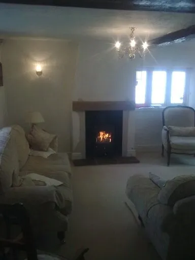 Living room with a lit stove in the fireplace